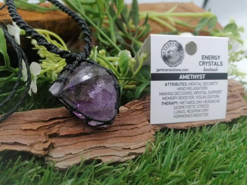 Amethyst-Healing-Mineral stone-Protection-Energy-Macrame necklace wrapped-hippie style-gift