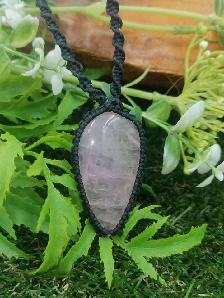 Rose Quartz Crystal Makrame Wrapped Necklace