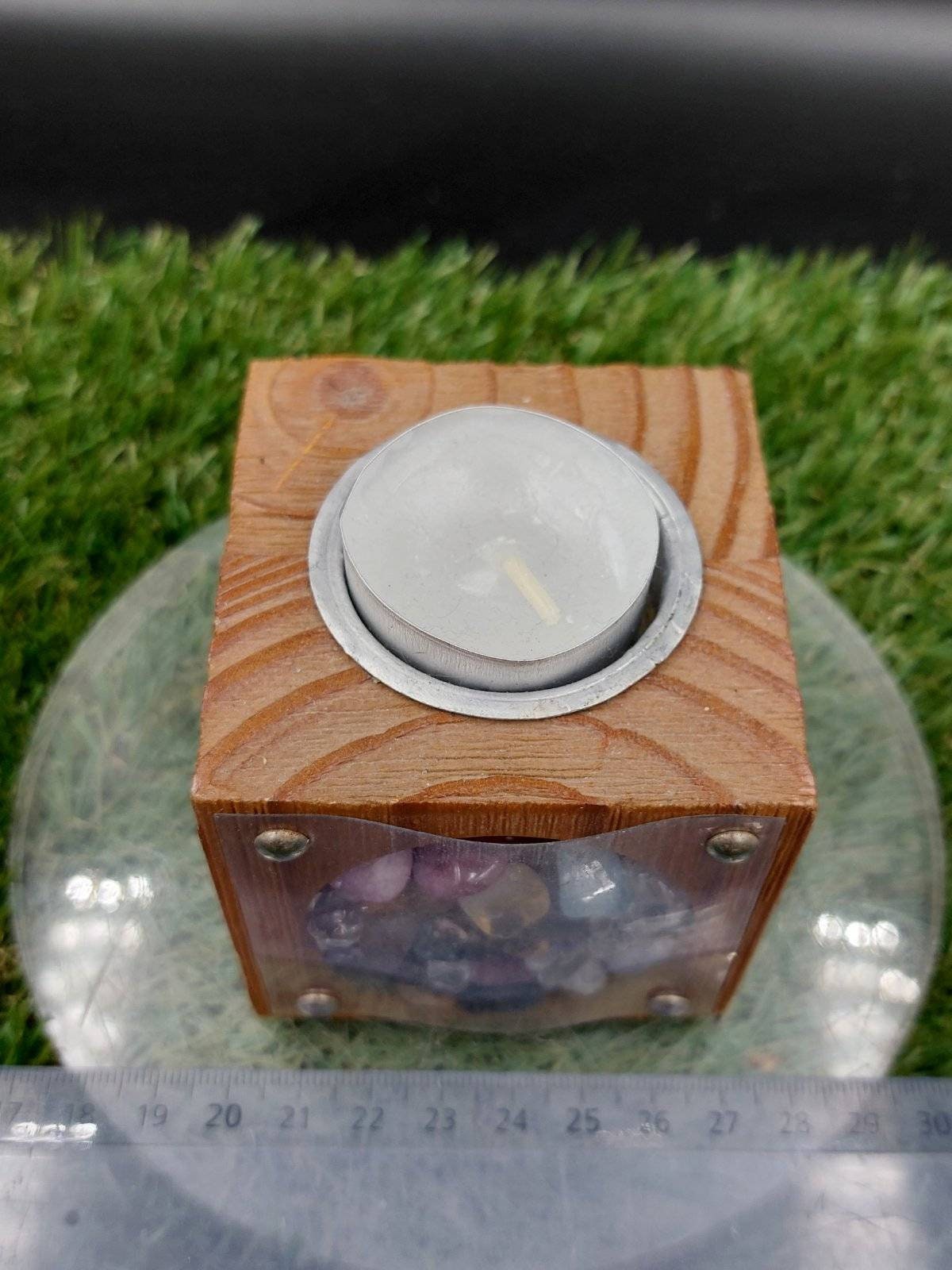 Wooden Candle Holder with Crystals - Crystal Decor- Metaphysical - Chakra Crystals