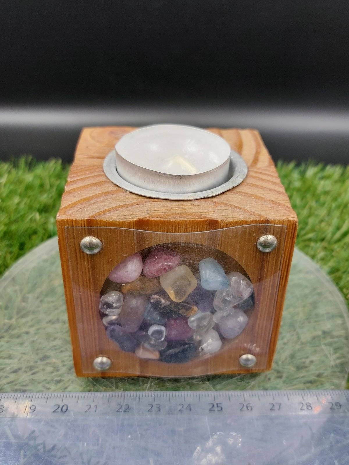 Wooden Candle Holder with Crystals - Crystal Decor- Metaphysical - Chakra Crystals