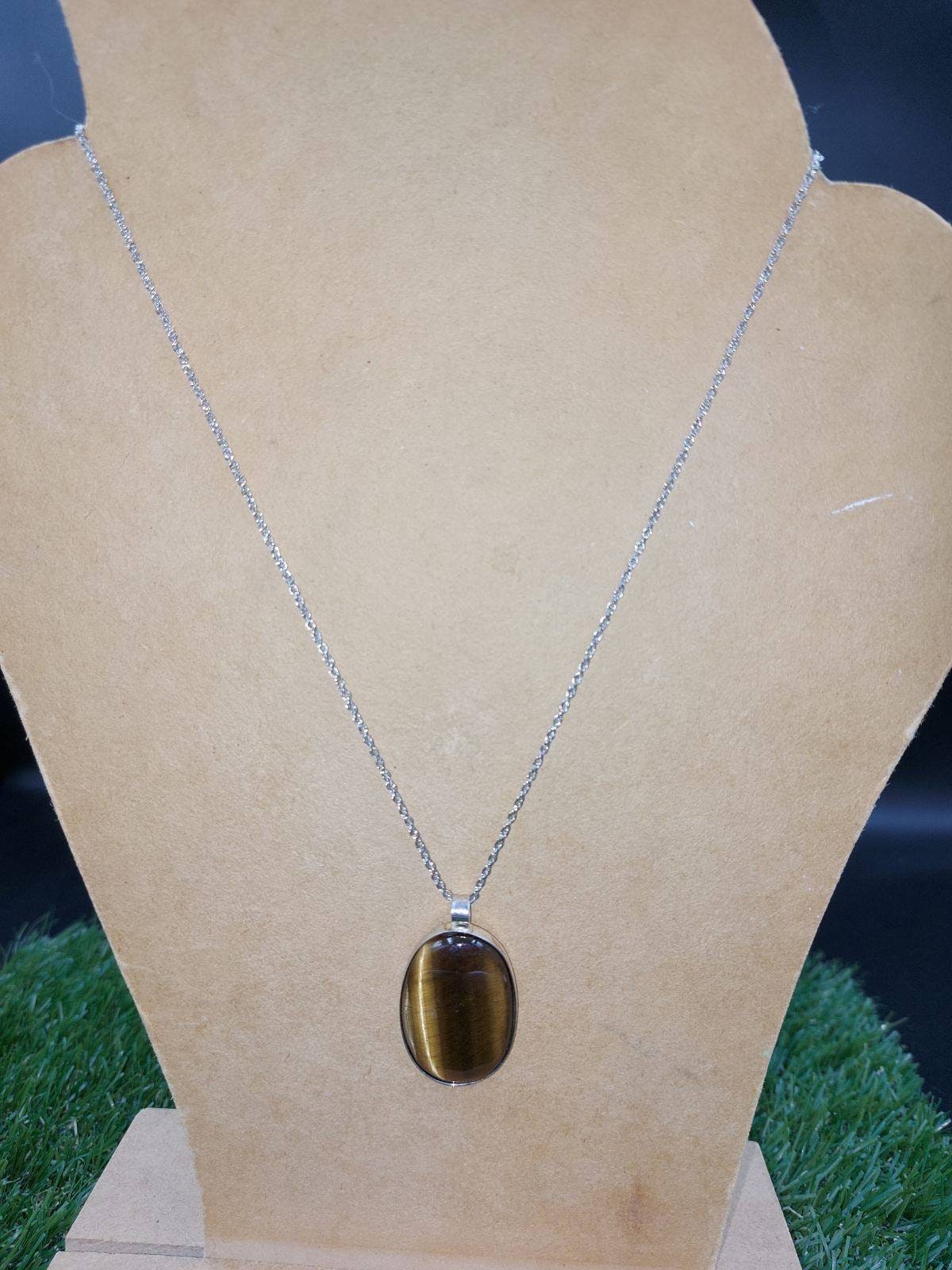 High Quality Crystal Tiger's Eye Leopard Necklace Cabochon Cut Sterling Silver 925 Bezel Pendant