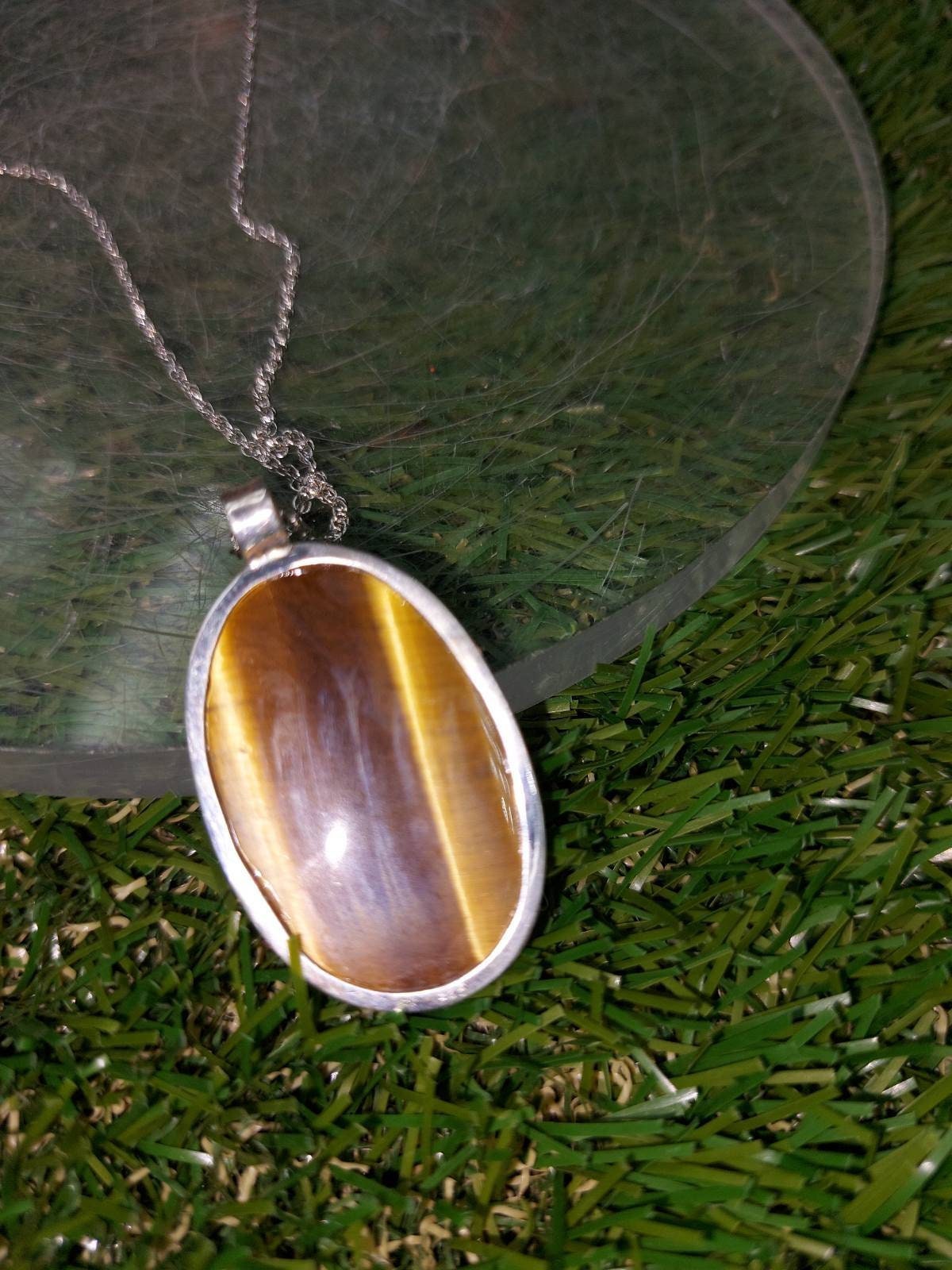 High Quality Crystal Tiger's Eye Leopard Necklace Cabochon Cut Sterling Silver 925 Bezel Pendant