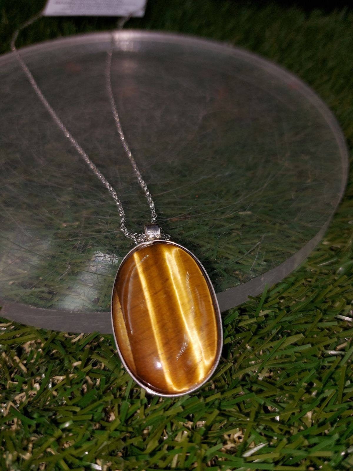 High Quality Crystal Tiger's Eye Leopard Necklace Cabochon Cut Sterling Silver 925 Bezel Pendant