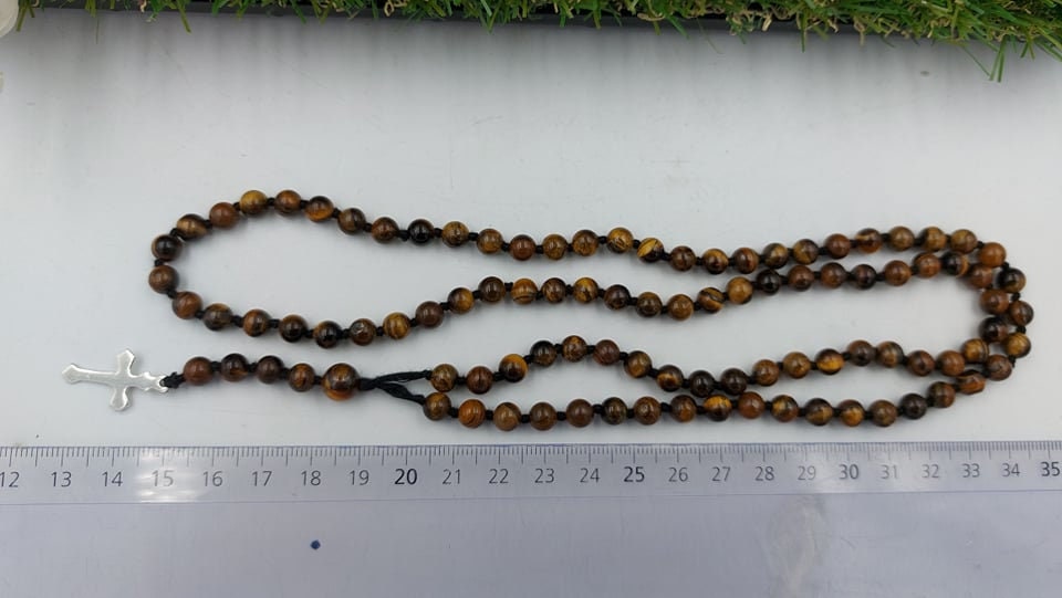 Tiger's Eye Crystal Rosary Beads with 925 Sterling Silver Medal Cross Piece