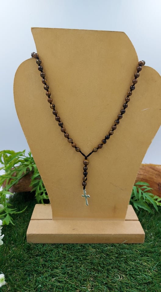 Tiger's Eye Crystal Rosary Beads with 925 Sterling Silver Medal Cross Piece