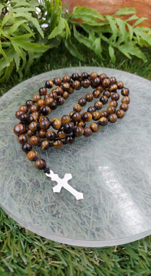 Tiger's Eye Crystal Rosary Beads with 925 Sterling Silver Medal Cross Piece
