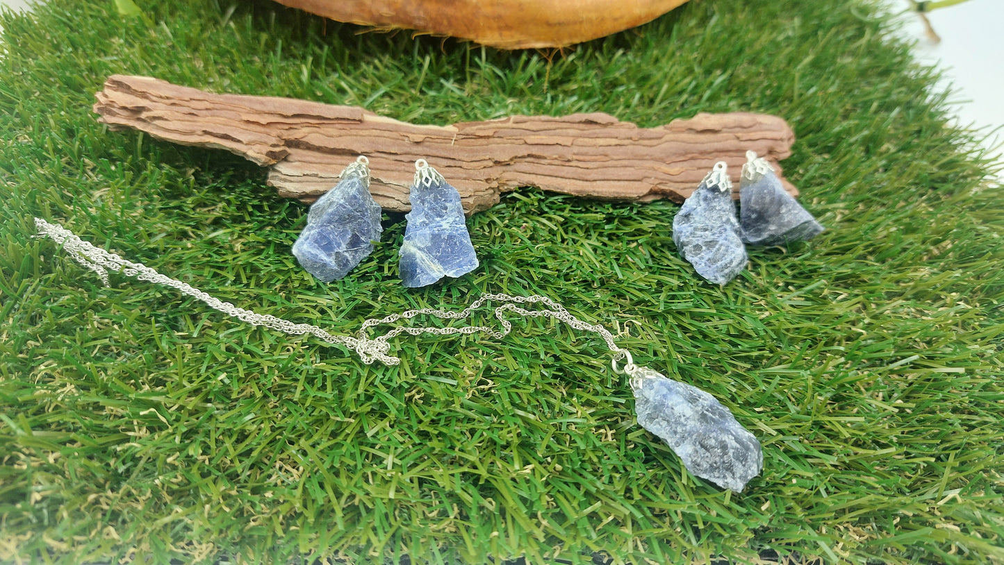 Natural Rough Sodalite Sterling Steel Necklace Healing Crystal Blue Accessories Zodiac Mineral Stone