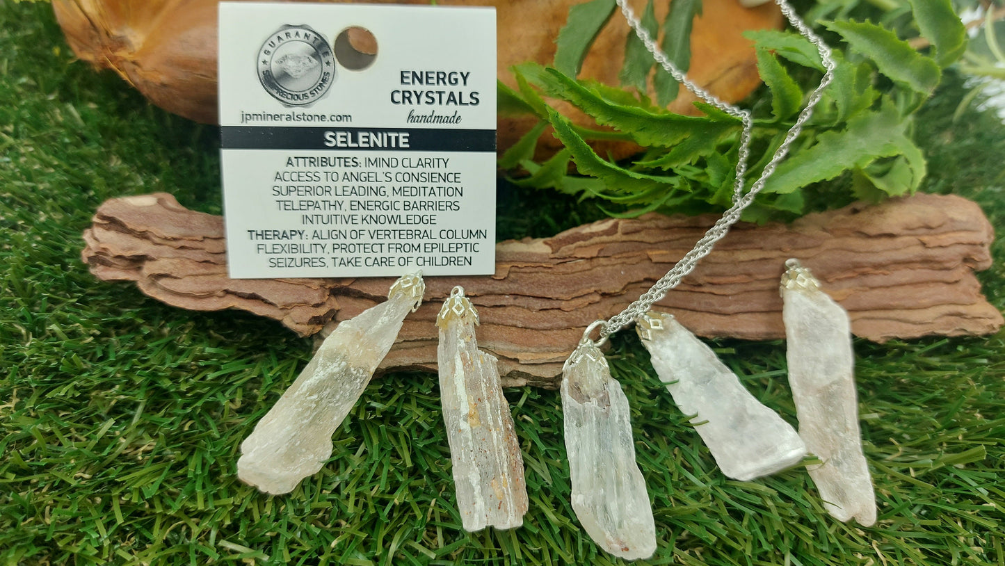 Natural Rough Greek Selenite Sterling Steel Necklace Healing Crystal Accessories Zodiac Mineral Stone