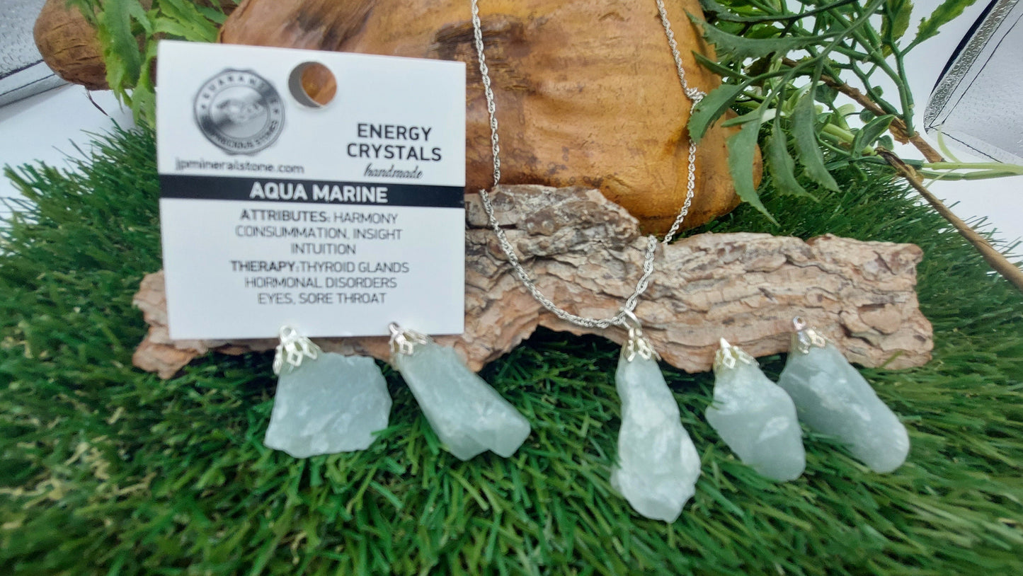 Aqua Marine Rough Mineral Stone Brazilian Crystal Healing Sterling Steel Necklace Protection Gift Accessories