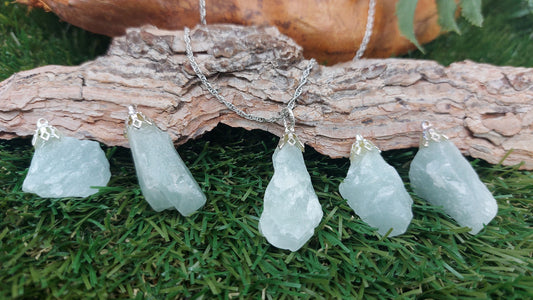 Aqua Marine Rough Mineral Stone Brazilian Crystal Healing Sterling Steel Necklace Protection Gift Accessories