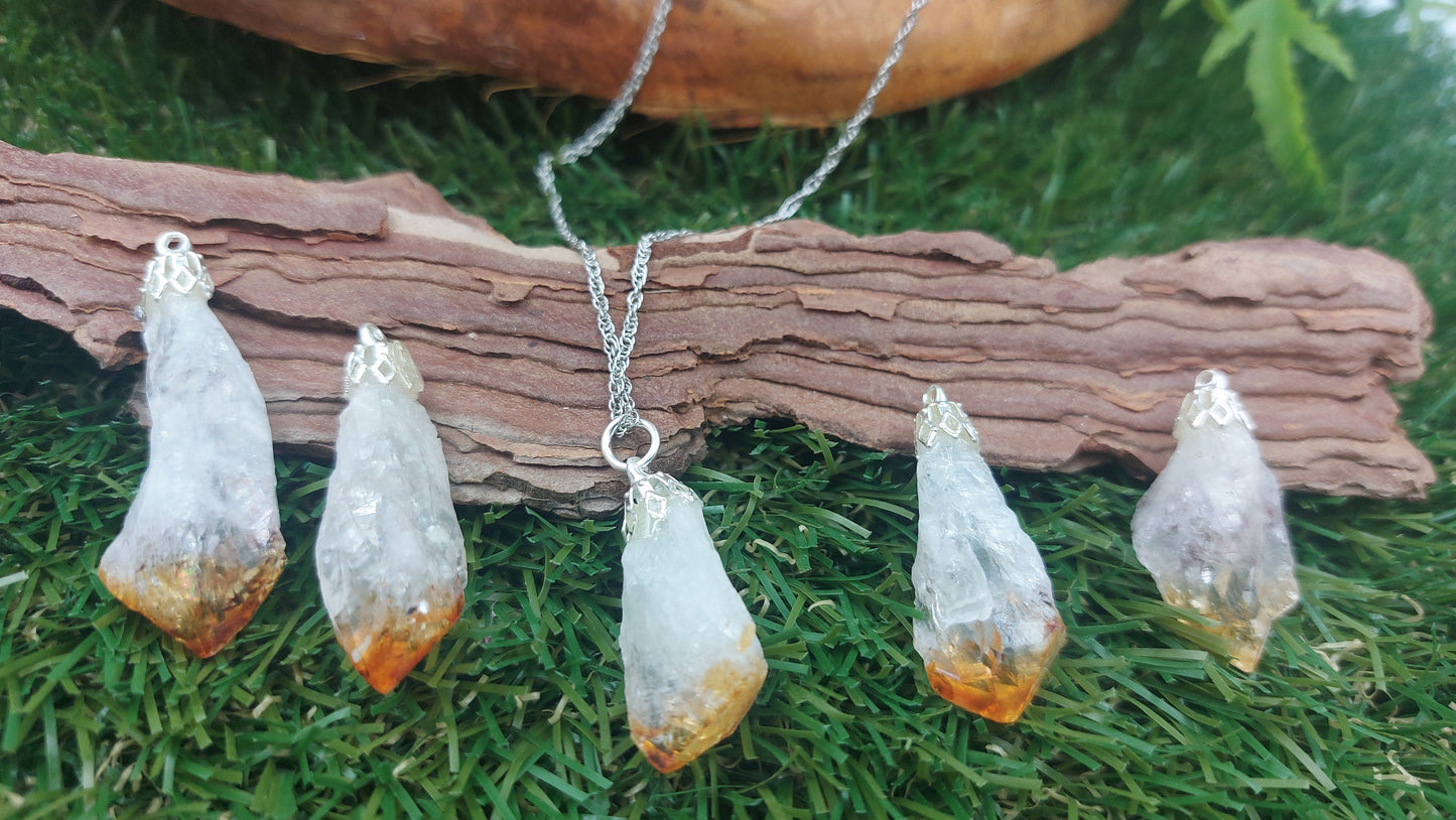 Natural Pointy Citrine Sterling Steel Necklace Healing Crystal Accessories Zodiac Mineral Stone