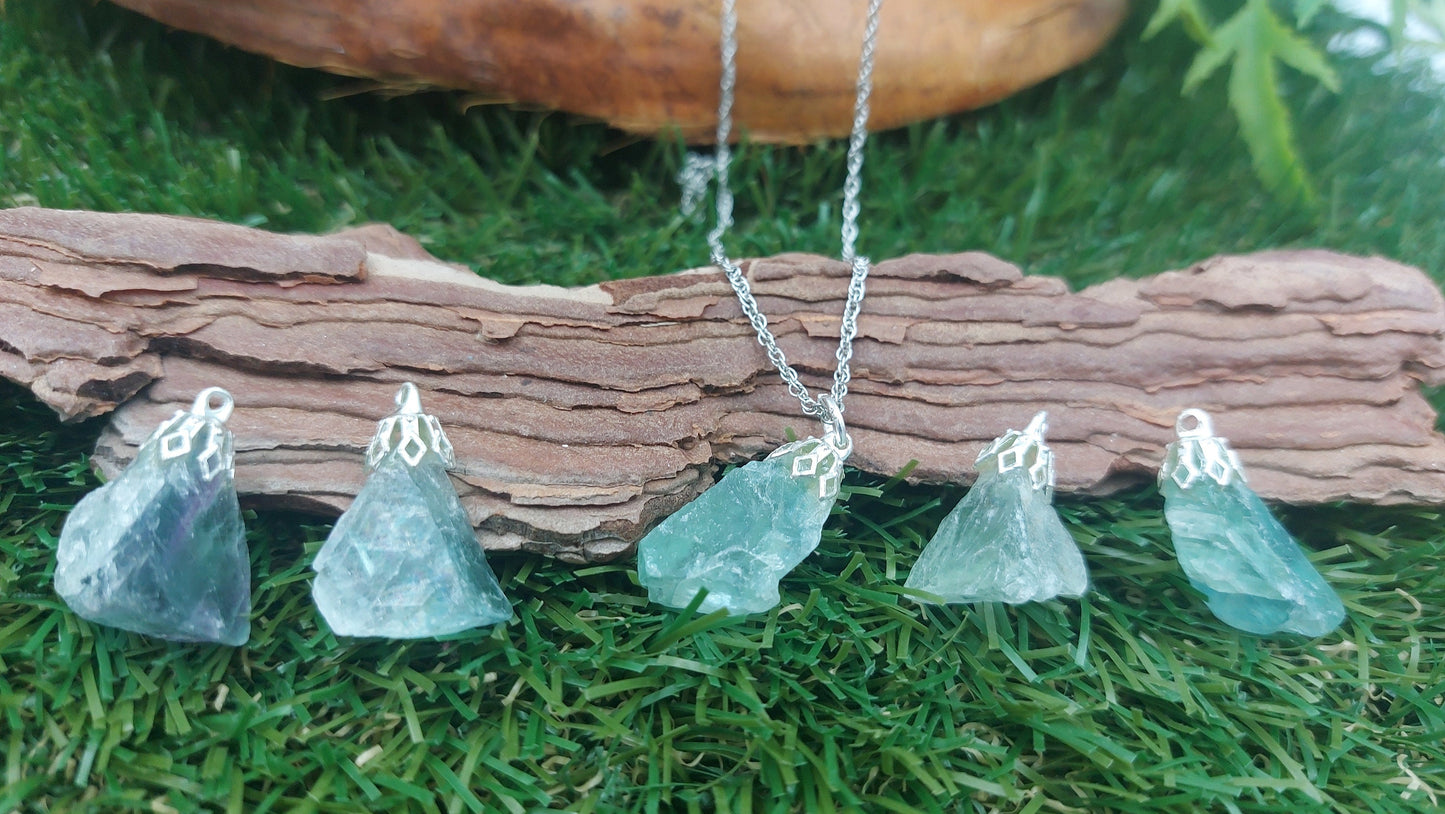 Rough Natural Fluorite Sterling Steel Necklace Healing Crystal Stone Accessories Zodiac Mineral Stone