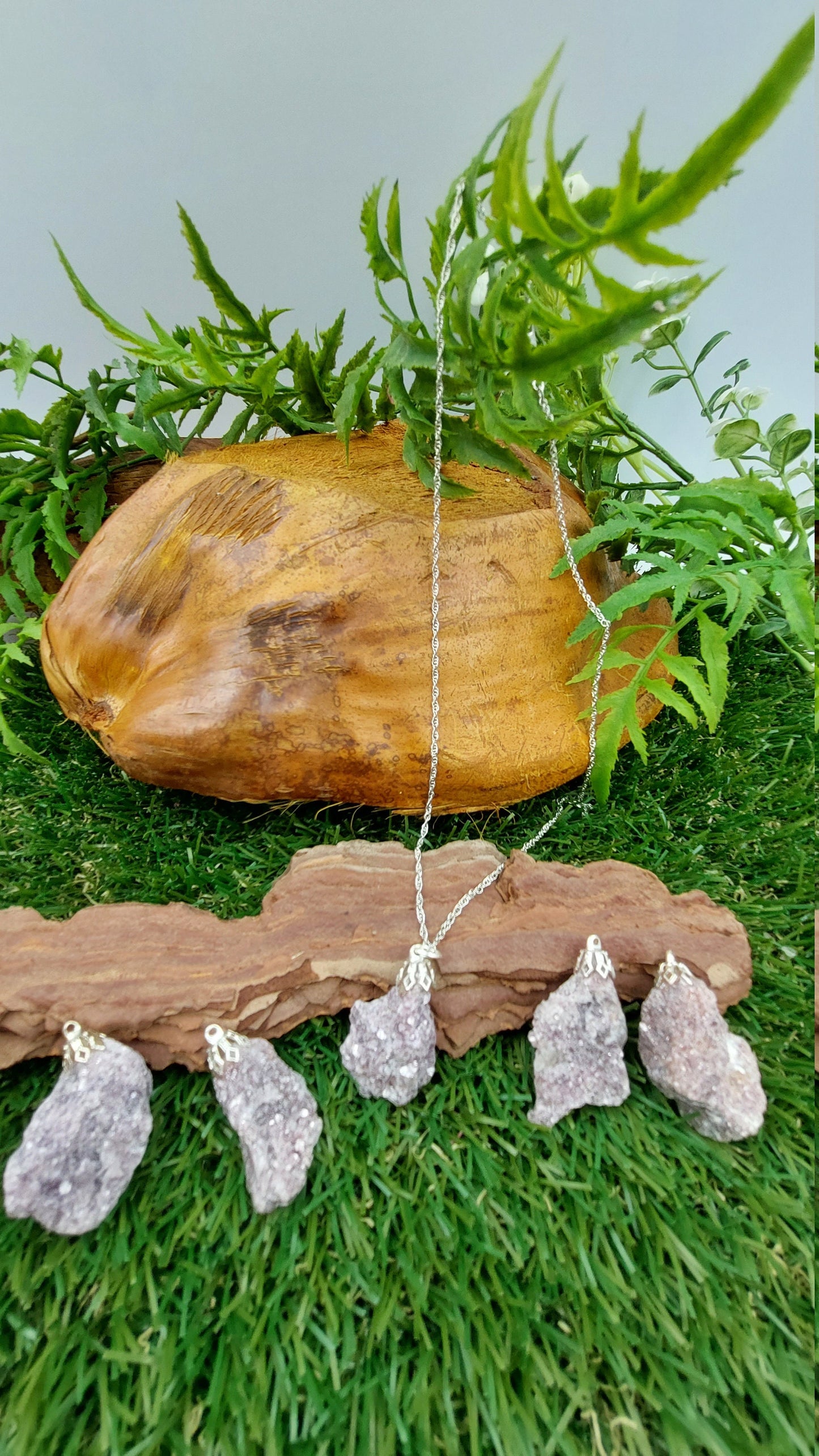 Natural Rough Lepidolite Pink Turmaline Sterling Steel Necklace Healing Crystal Accessories Zodiac Mineral Stone