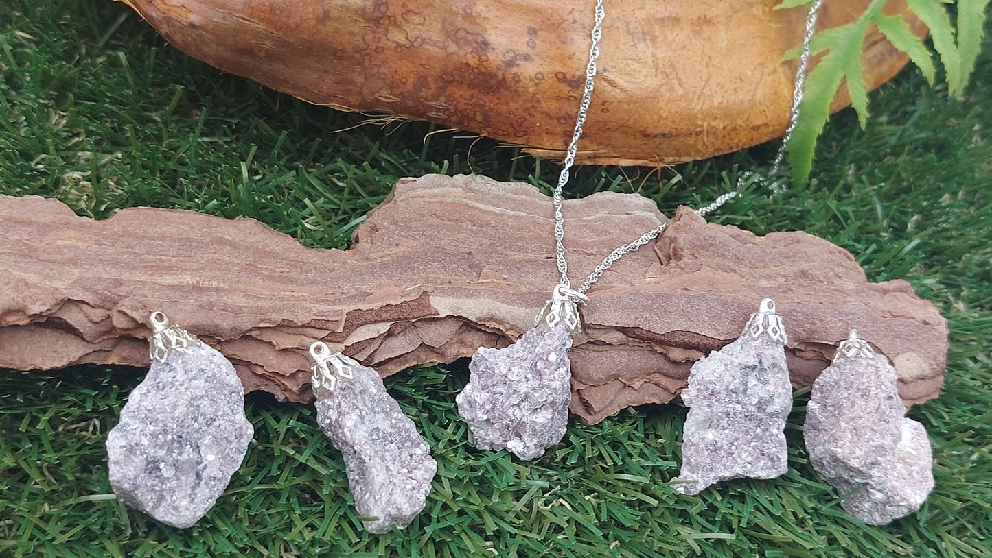 Natural Rough Lepidolite Pink Turmaline Sterling Steel Necklace Healing Crystal Accessories Zodiac Mineral Stone
