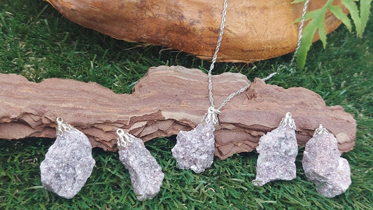 Natural Rough Lepidolite Pink Turmaline Sterling Steel Necklace Healing Crystal Accessories Zodiac Mineral Stone