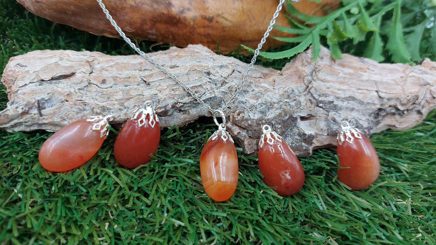 Natural Carnelian Sterling Steel Necklace. Healing Crystal Accessories Zodiac Mineral Stone