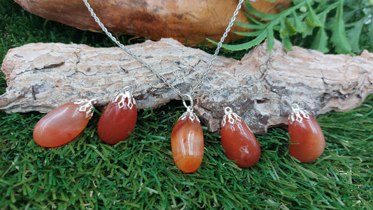 Natural Carnelian Sterling Steel Necklace. Healing Crystal Accessories Zodiac Mineral Stone