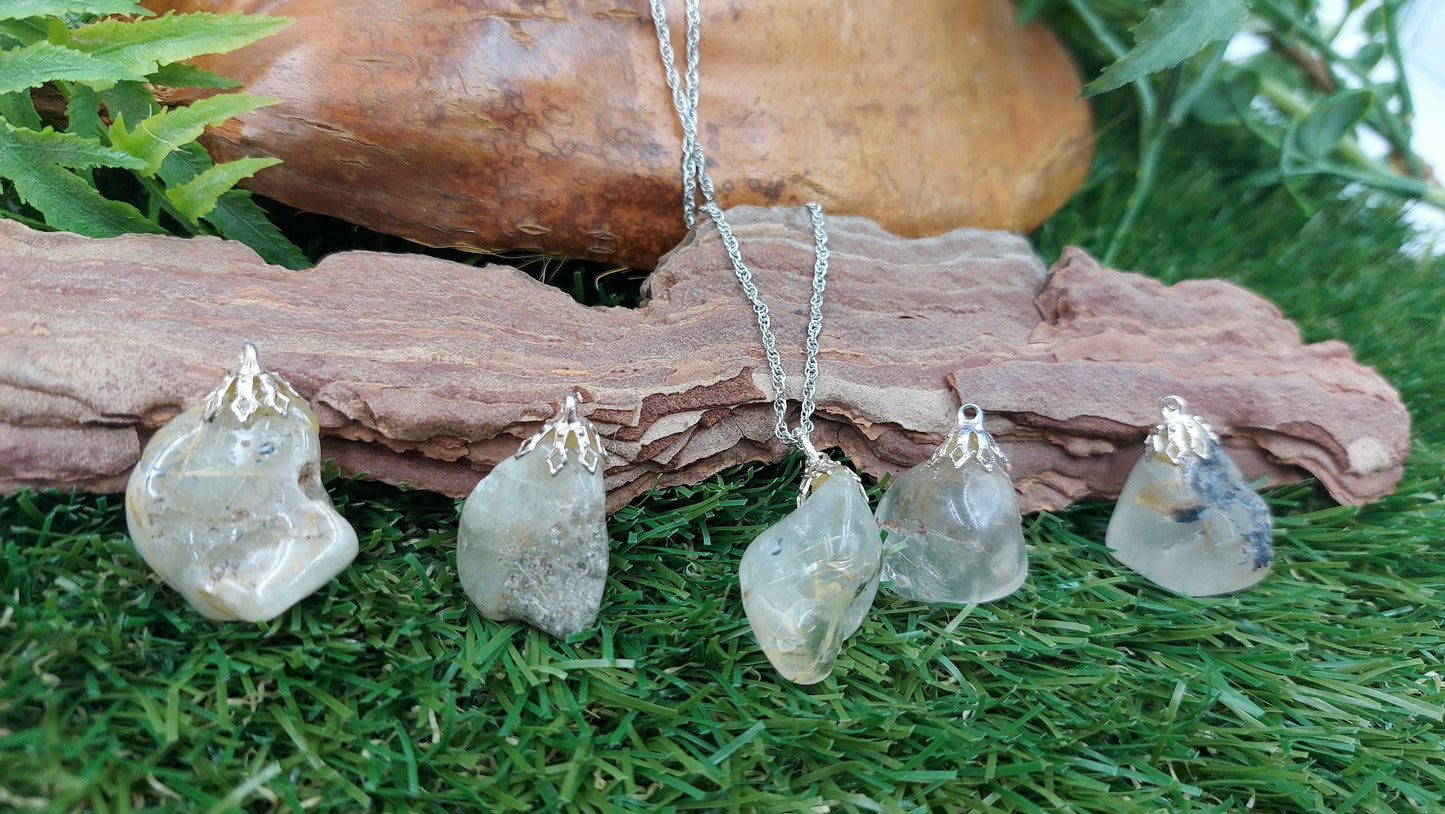 Natural Polished Rutilated Quartz Sterling Steel Necklace Healing Crystal Accessories Zodiac Mineral Stone