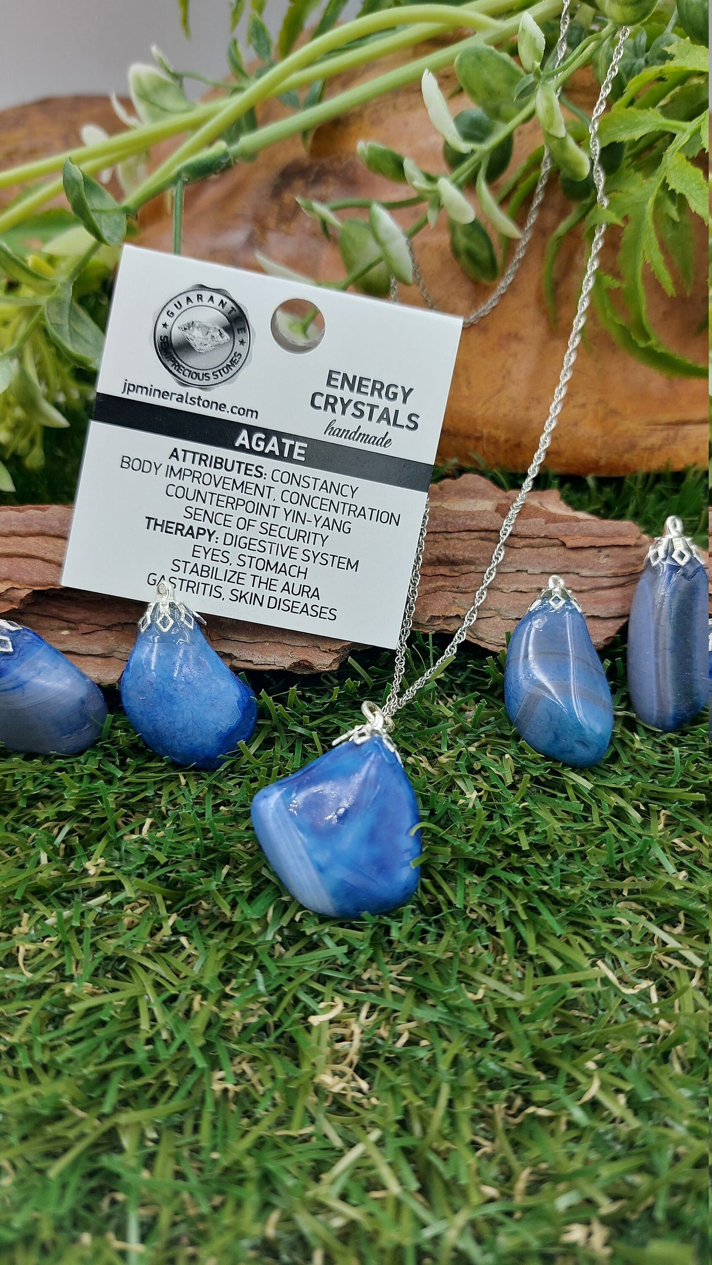 Natural Agate Blue Sterling Steel Necklace Healing Polished Crystal Accessories Zodiac Mineral Stone