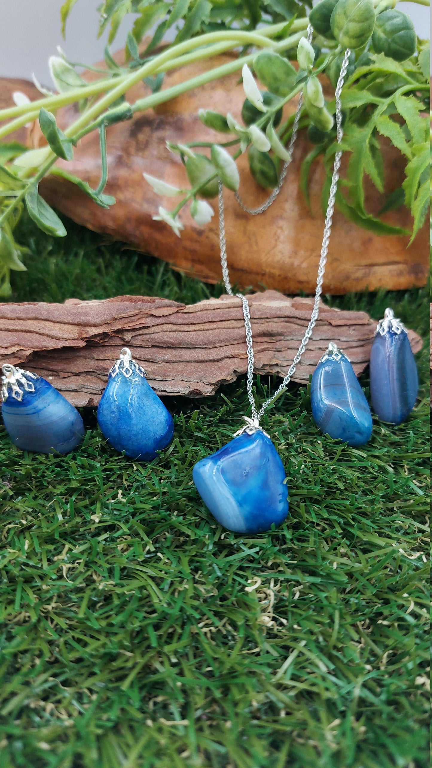 Natural Agate Blue Sterling Steel Necklace Healing Polished Crystal Accessories Zodiac Mineral Stone