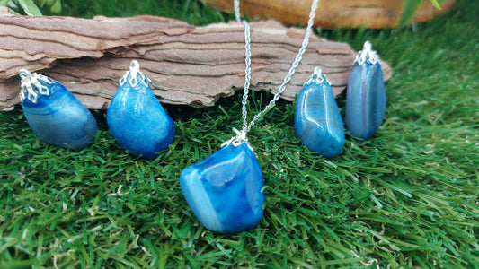 Natural Agate Blue Sterling Steel Necklace Healing Polished Crystal Accessories Zodiac Mineral Stone