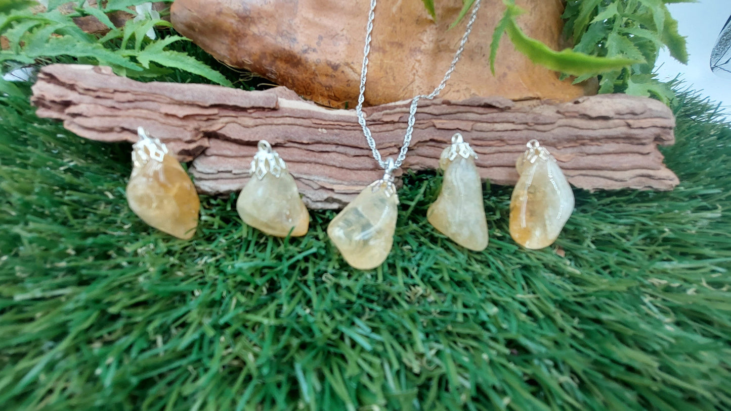 Natural Polished Citrine Sterling Steel Necklace Healing Crystal Accessories Zodiac Mineral Stone