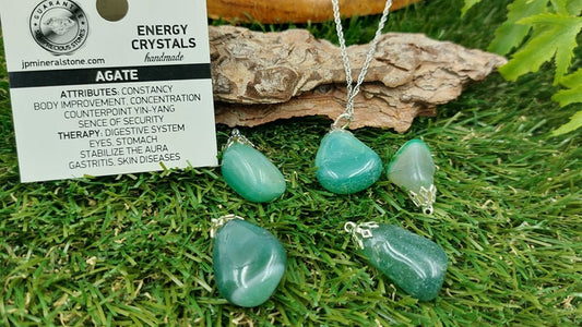 Natural Agate Green Polished Sterling Steel Necklace Healing Crystal Accessories Zodiac Mineral Stone