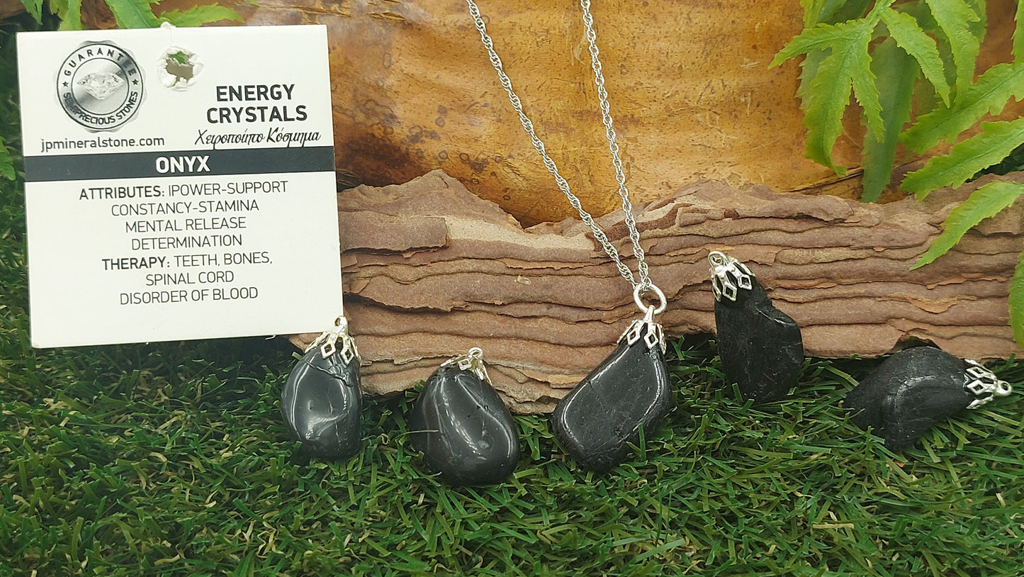 Natural Polished Black Onyx Sterling Steel Necklace Healing Crystal Accessories Zodiac Mineral Stone