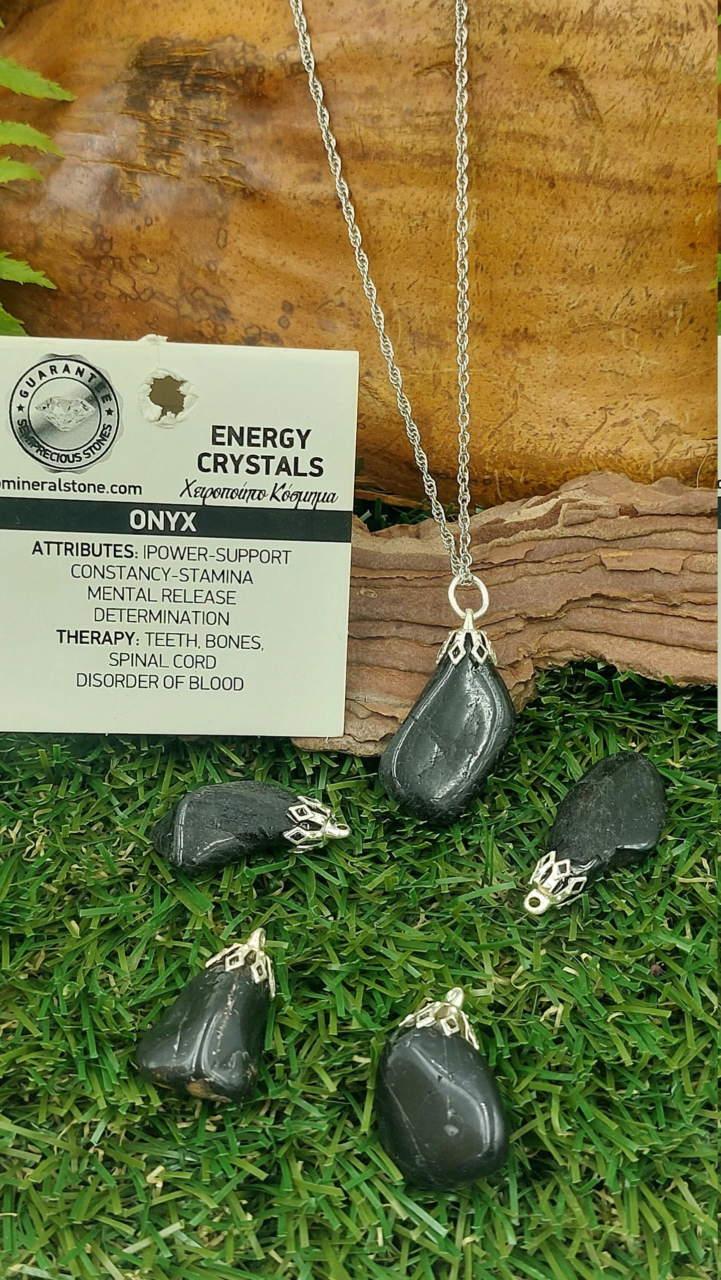 Natural Polished Black Onyx Sterling Steel Necklace Healing Crystal Accessories Zodiac Mineral Stone