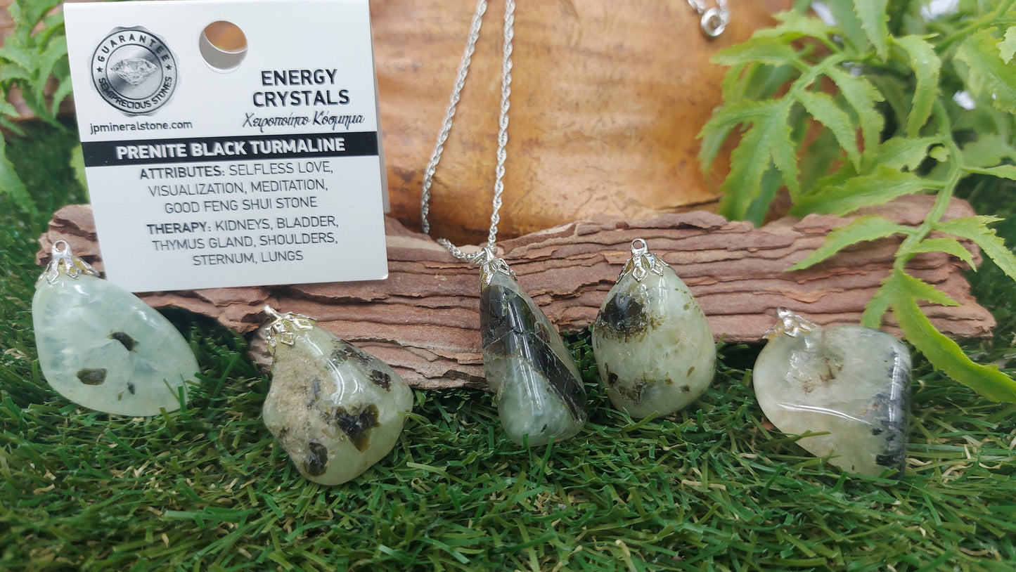 Prehnite with Black Toumaline Crystal Necklace