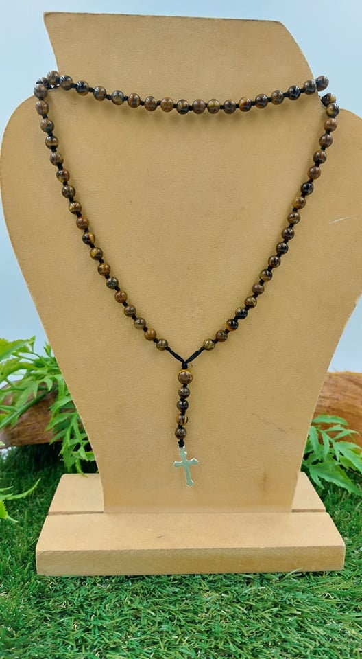Tiger's Eye Crystal Rosary Beads with 925 Sterling Silver Medal Cross Piece