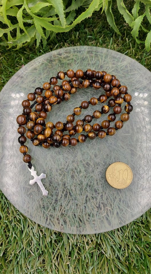 Tiger's Eye Crystal Rosary Beads with 925 Sterling Silver Medal Cross Piece