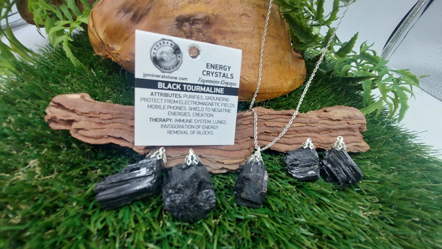 Natural Rough Black Tourmaline Schorl Rough Sterling Steel Necklace Healing Crystal Accessories Zodiac Mineral Stone