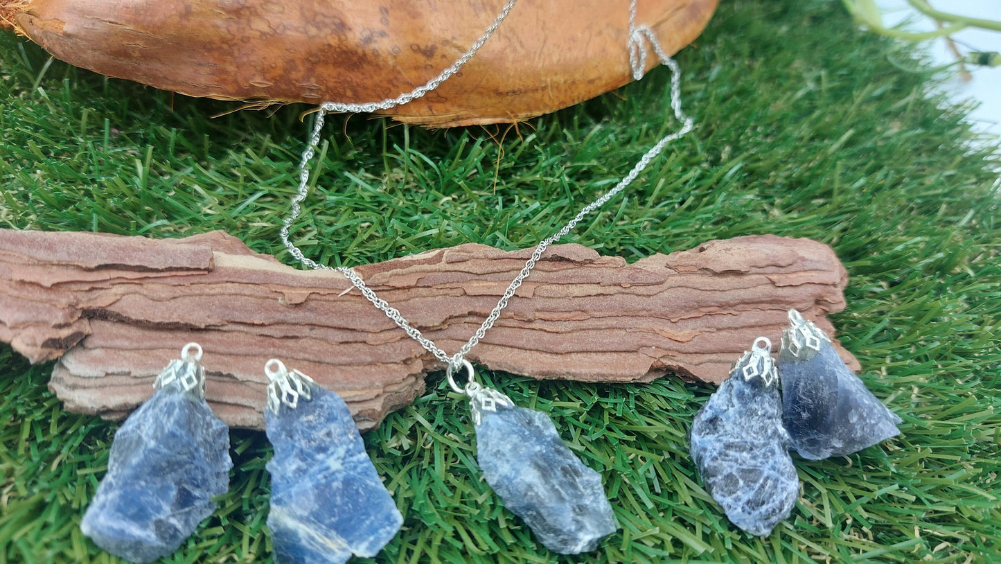 Natural Rough Sodalite Sterling Steel Necklace Healing Crystal Blue Accessories Zodiac Mineral Stone