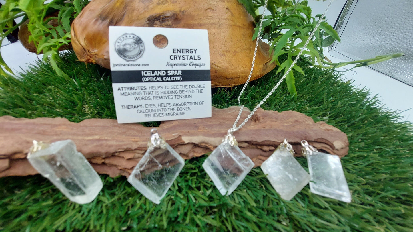 Optical Calcite Iceland Crystal Rough Crystal Sterling Steel Necklace-Icelandic Crystal/Mineral Stone