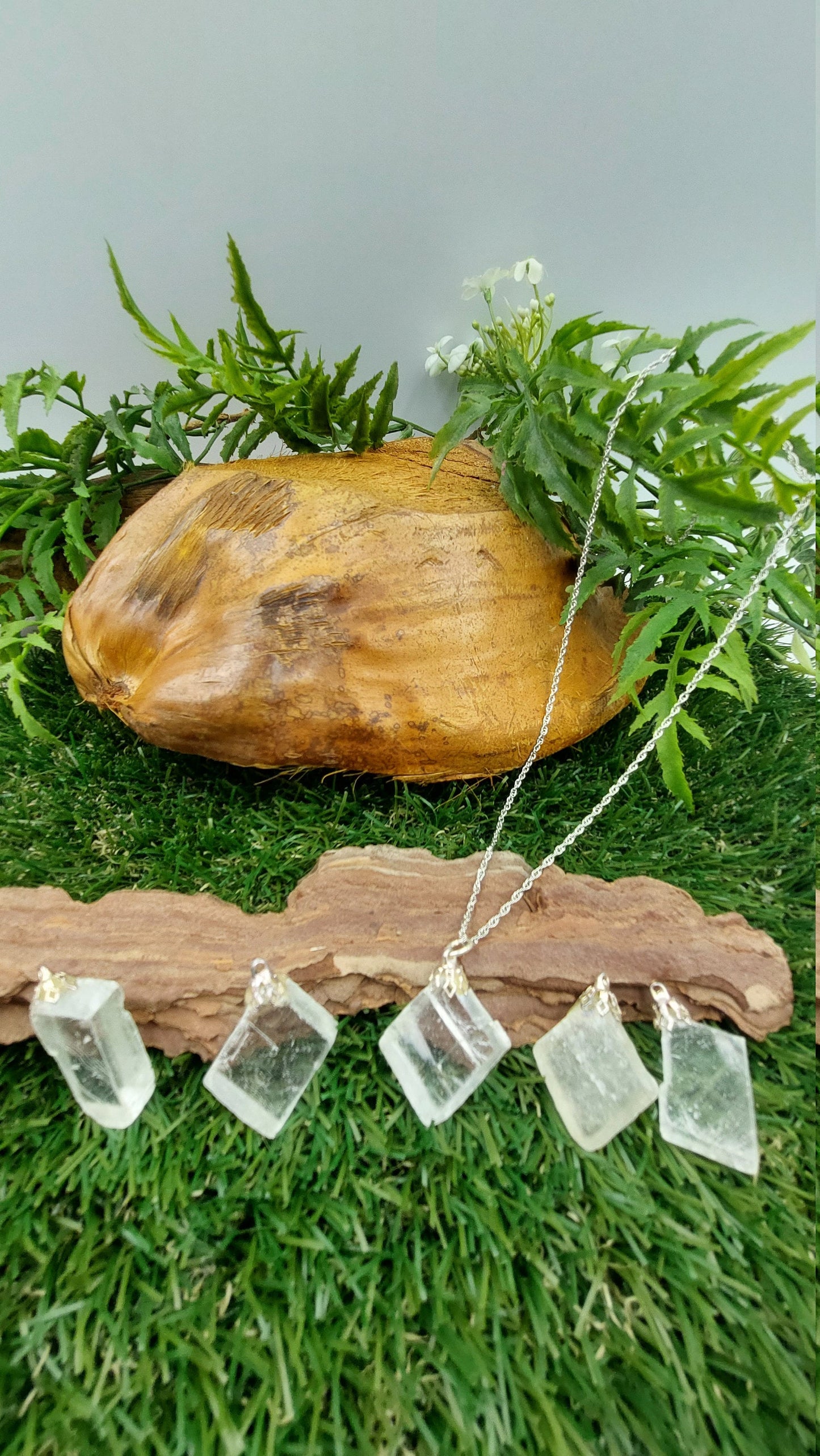 Optical Calcite Iceland Crystal Rough Crystal Sterling Steel Necklace-Icelandic Crystal/Mineral Stone