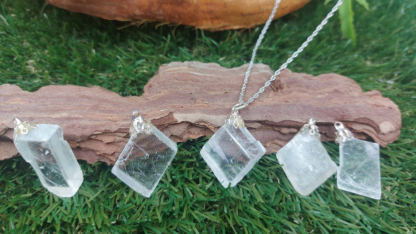 Optical Calcite Iceland Crystal Rough Crystal Sterling Steel Necklace-Icelandic Crystal/Mineral Stone