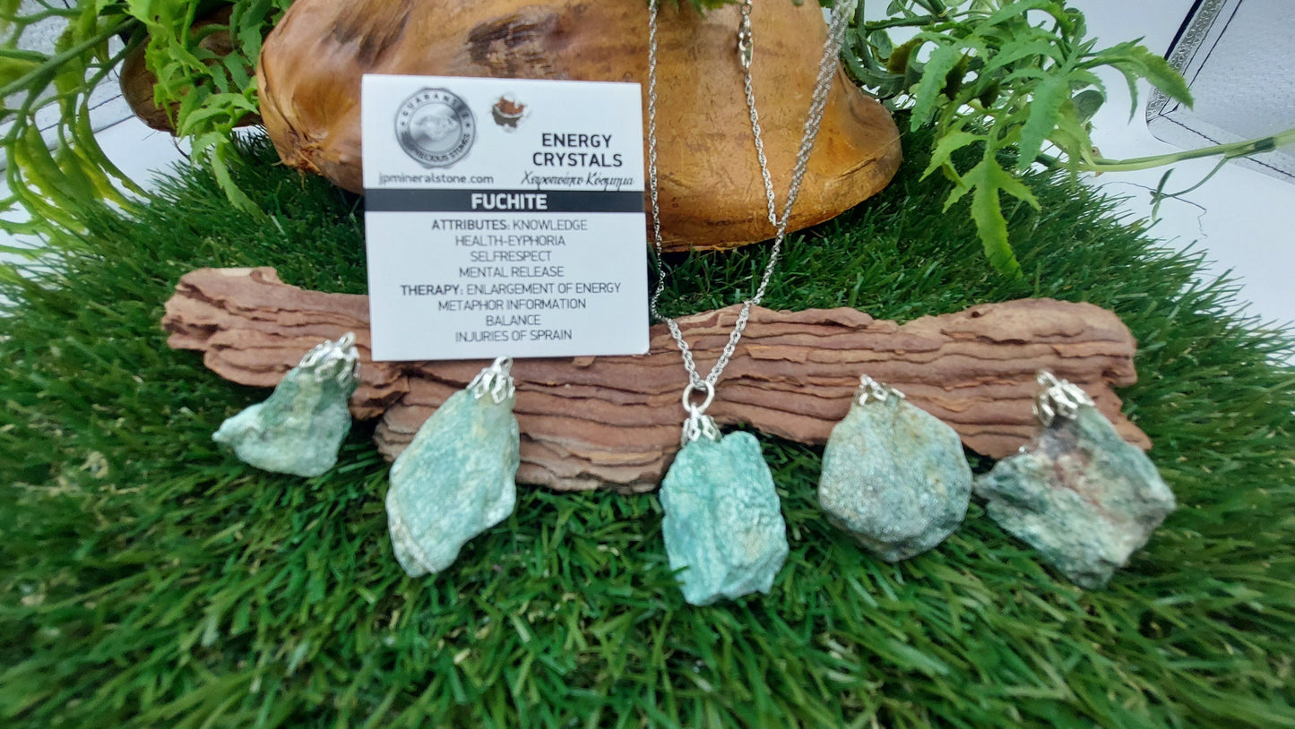 Natural Fuchite Sterling Steel Necklace Rough Green Healing Crystal Accessories Zodiac Mineral Stone