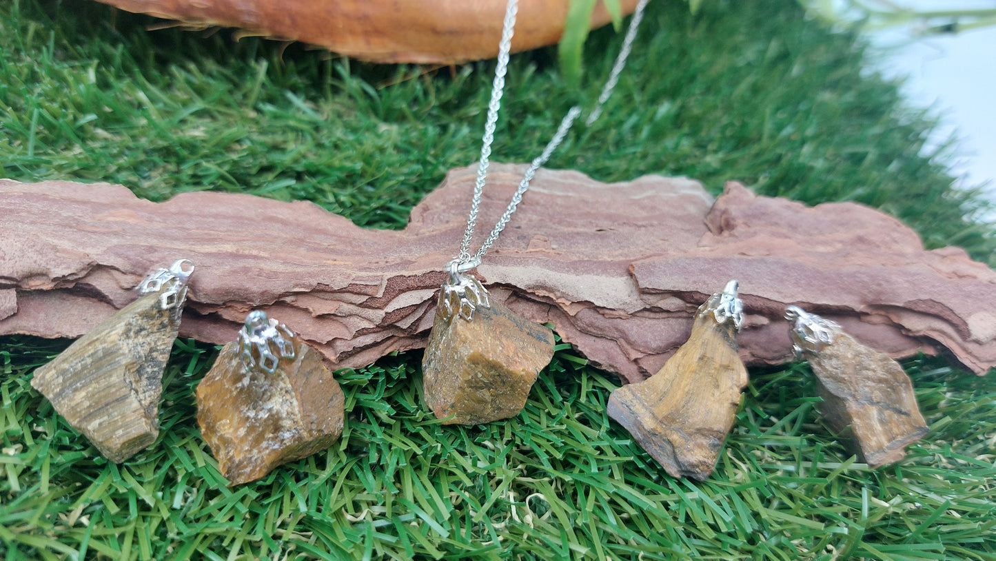 Natural Yellow Rough Tiger's Eye Sterling Steel Necklace Healing Crystal Accessories Zodiac Mineral Stone