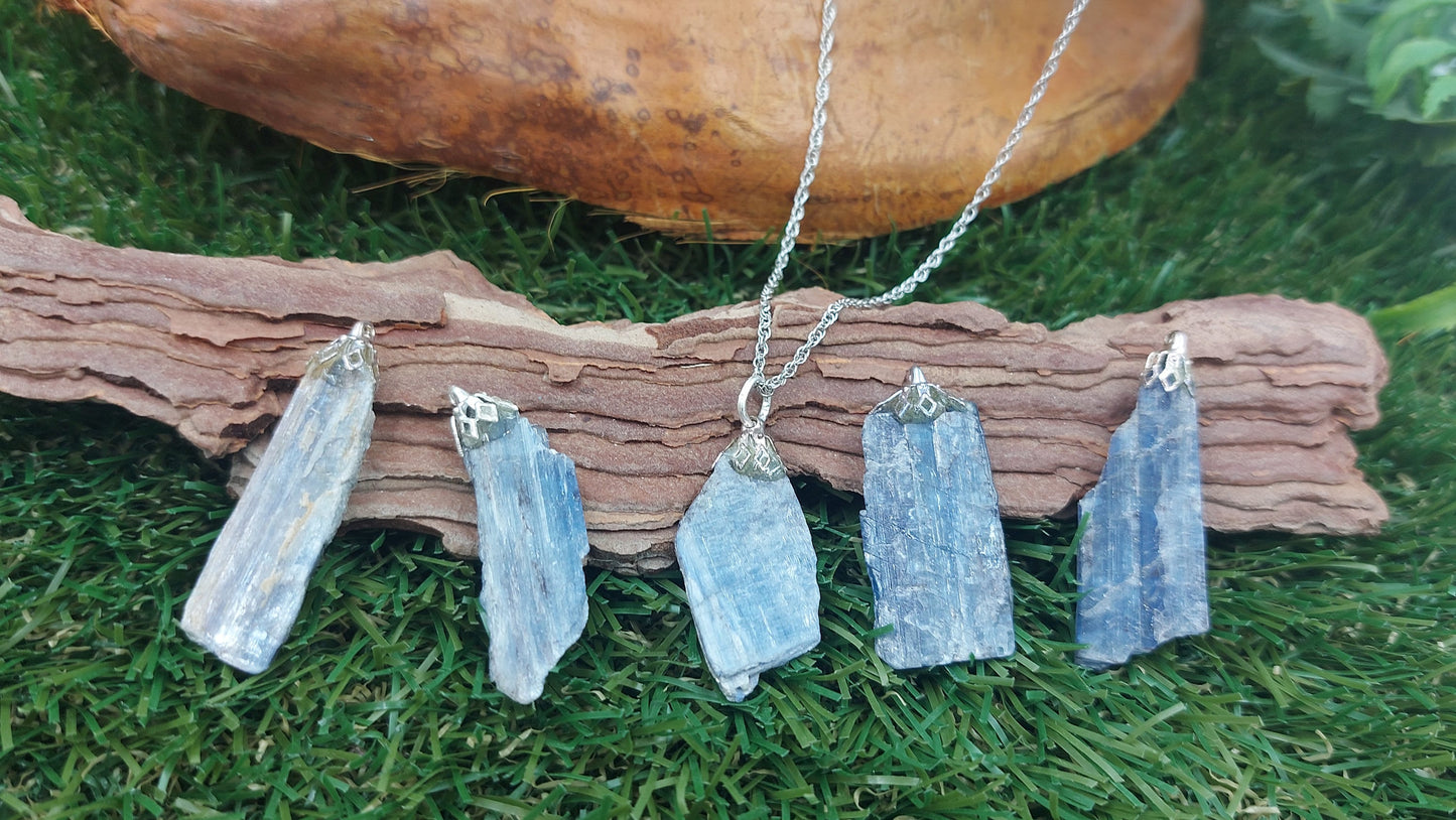 Natural Blue Kyanite Blade Sterling Steel Necklace Healing Crystal Accessories Zodiac Mineral Stone