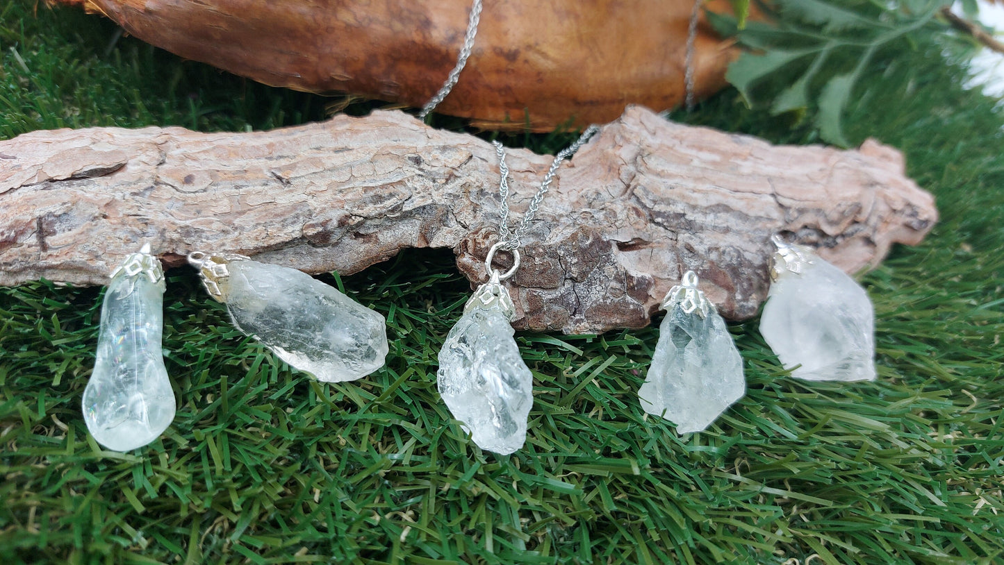 Natural Rough Quartz Sterling Steel Necklace Healing Crystal Accessories Zodiac Mineral Stone
