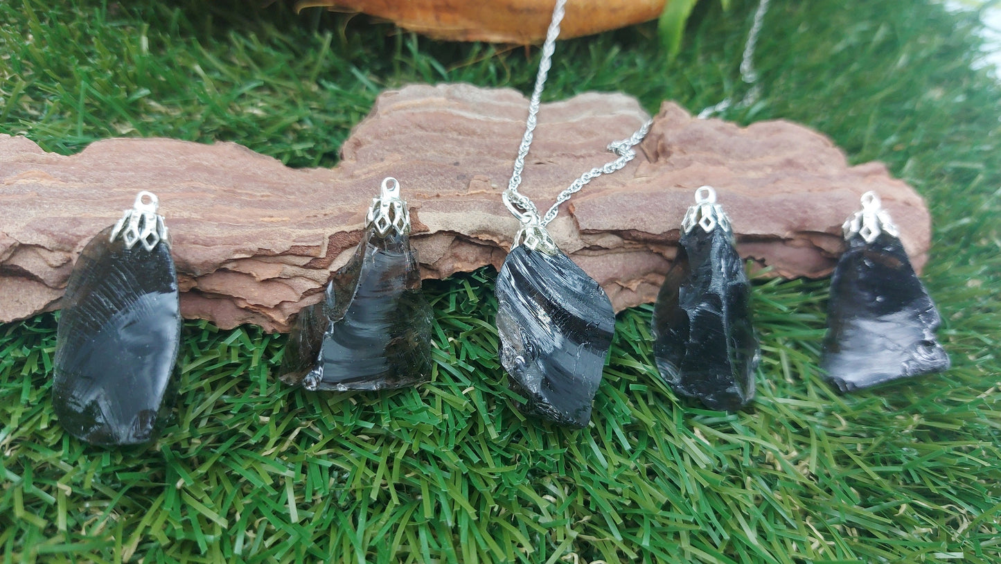 Natural Black / Smoky Obsidian Sterling Steel Necklace Healing Crystal Accessories Zodiac Mineral Stone