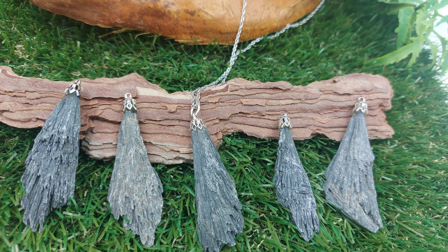 Black Kyanite Crystal Feather Necklace