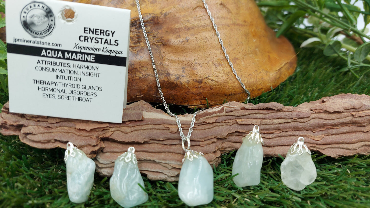 Aqua Marine Polished Mineral Stone Brazilian Crystal Healing Silver Necklace Protection Gift Accessories