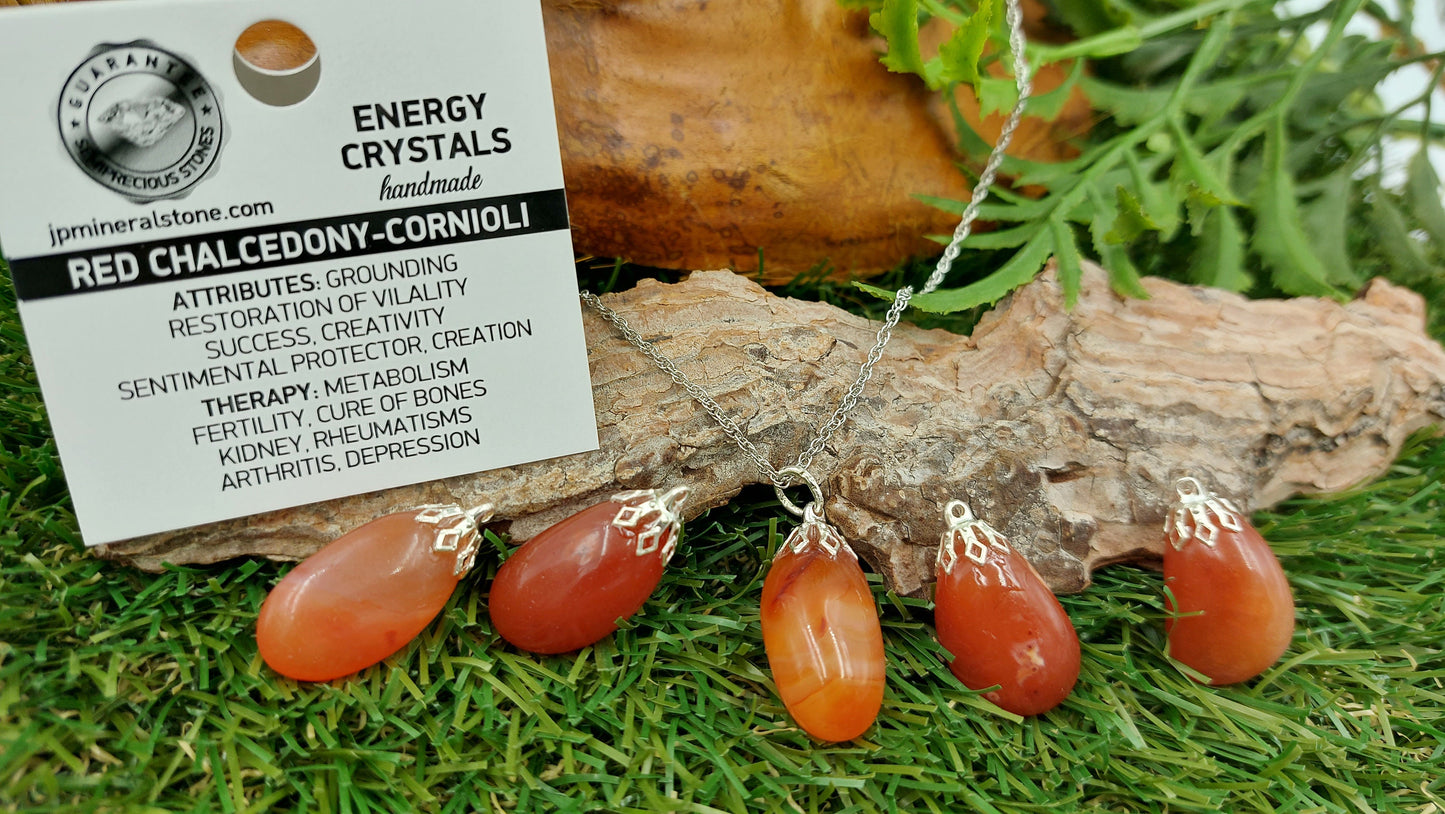 Natural Carnelian Sterling Steel Necklace. Healing Crystal Accessories Zodiac Mineral Stone