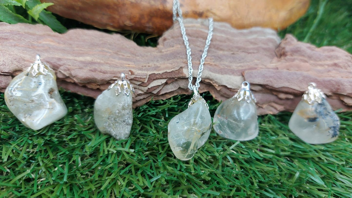 Natural Polished Rutilated Quartz Sterling Steel Necklace Healing Crystal Accessories Zodiac Mineral Stone