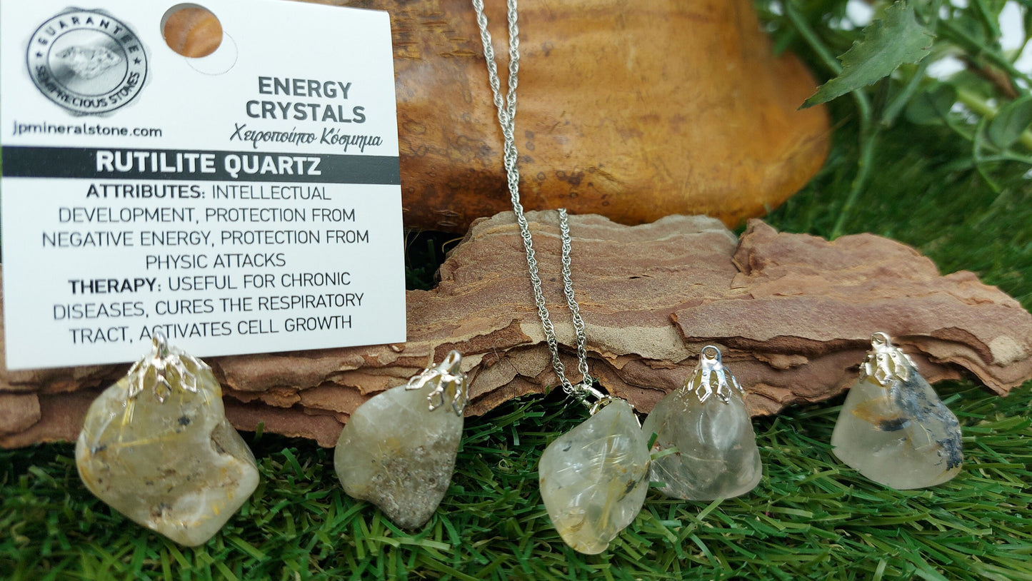 Natural Polished Rutilated Quartz Sterling Steel Necklace Healing Crystal Accessories Zodiac Mineral Stone