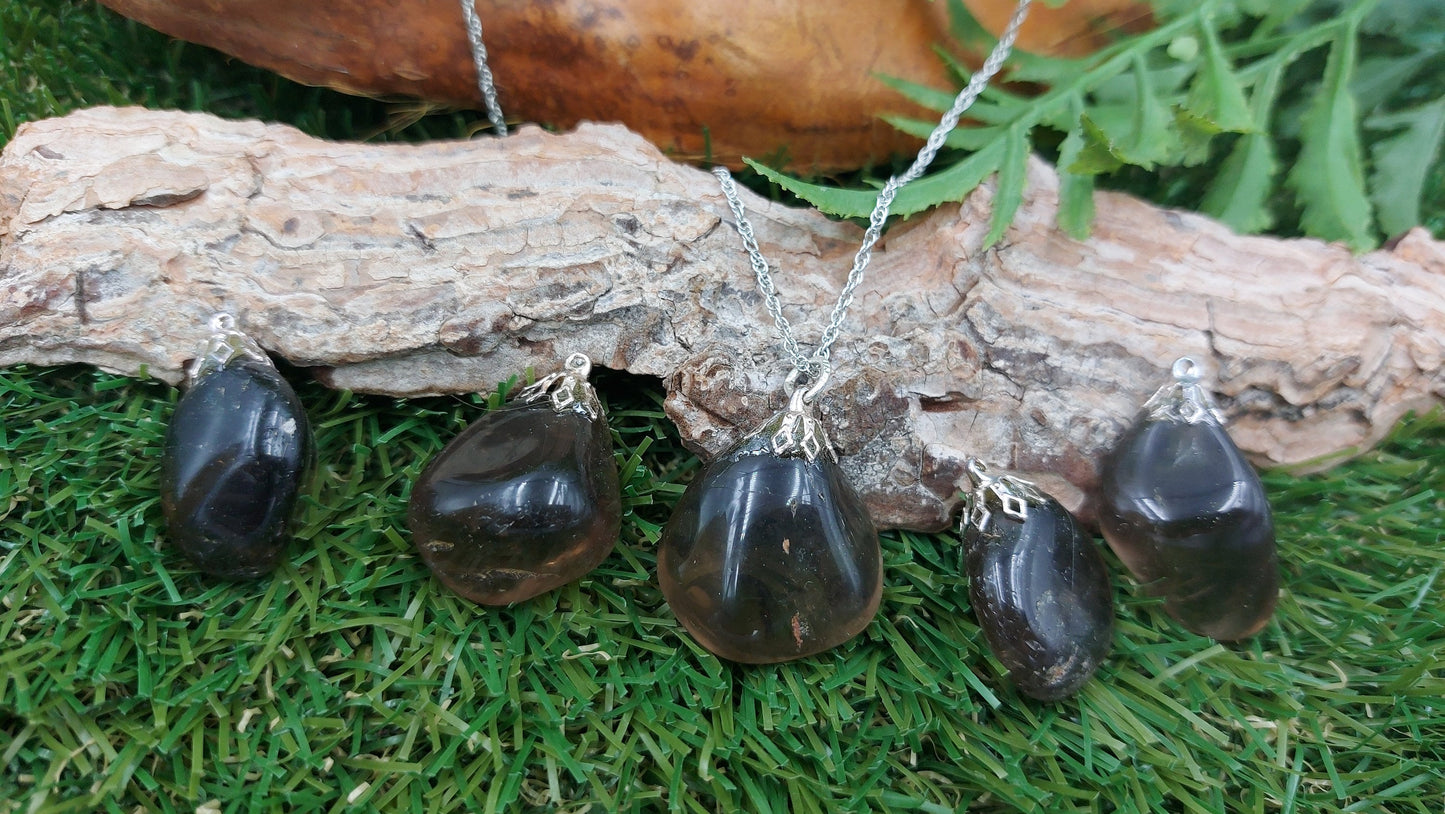 Natural Smoked Quartz Sterling Steel Necklace Healing Crystal Accessories Zodiac Mineral Stone Active