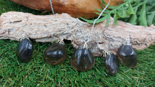 Natural Smoked Quartz Sterling Steel Necklace Healing Crystal Accessories Zodiac Mineral Stone Active