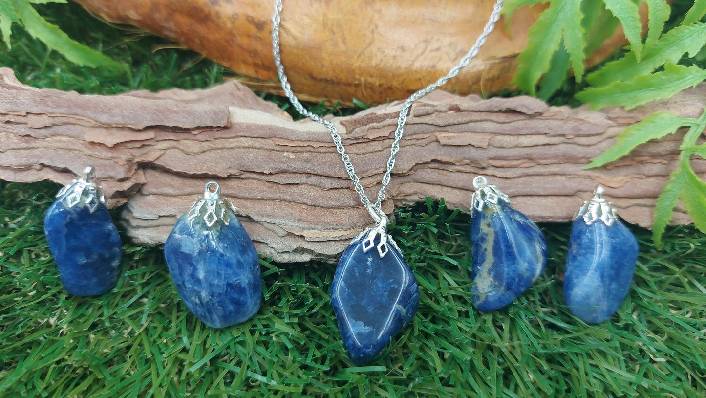 Natural Sodalite Sterling Steel Necklace Healing Crystal Accessories Zodiac Mineral Stone
